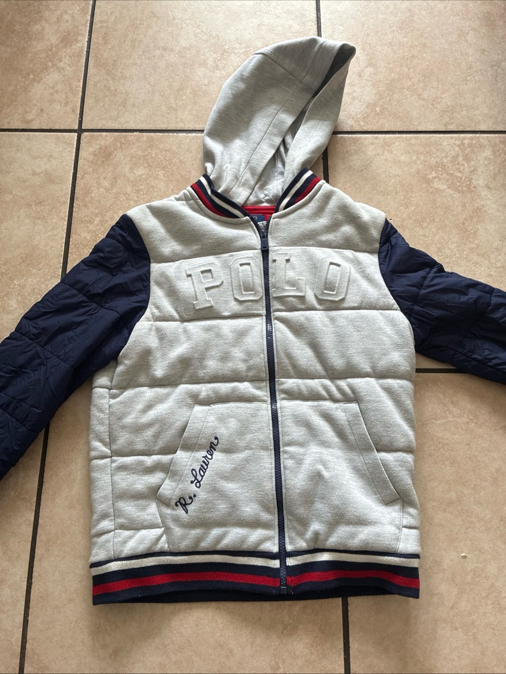 Ralph Lauren Kids Hooded Quilted Jacket - Light Gray with Navy Sleeves